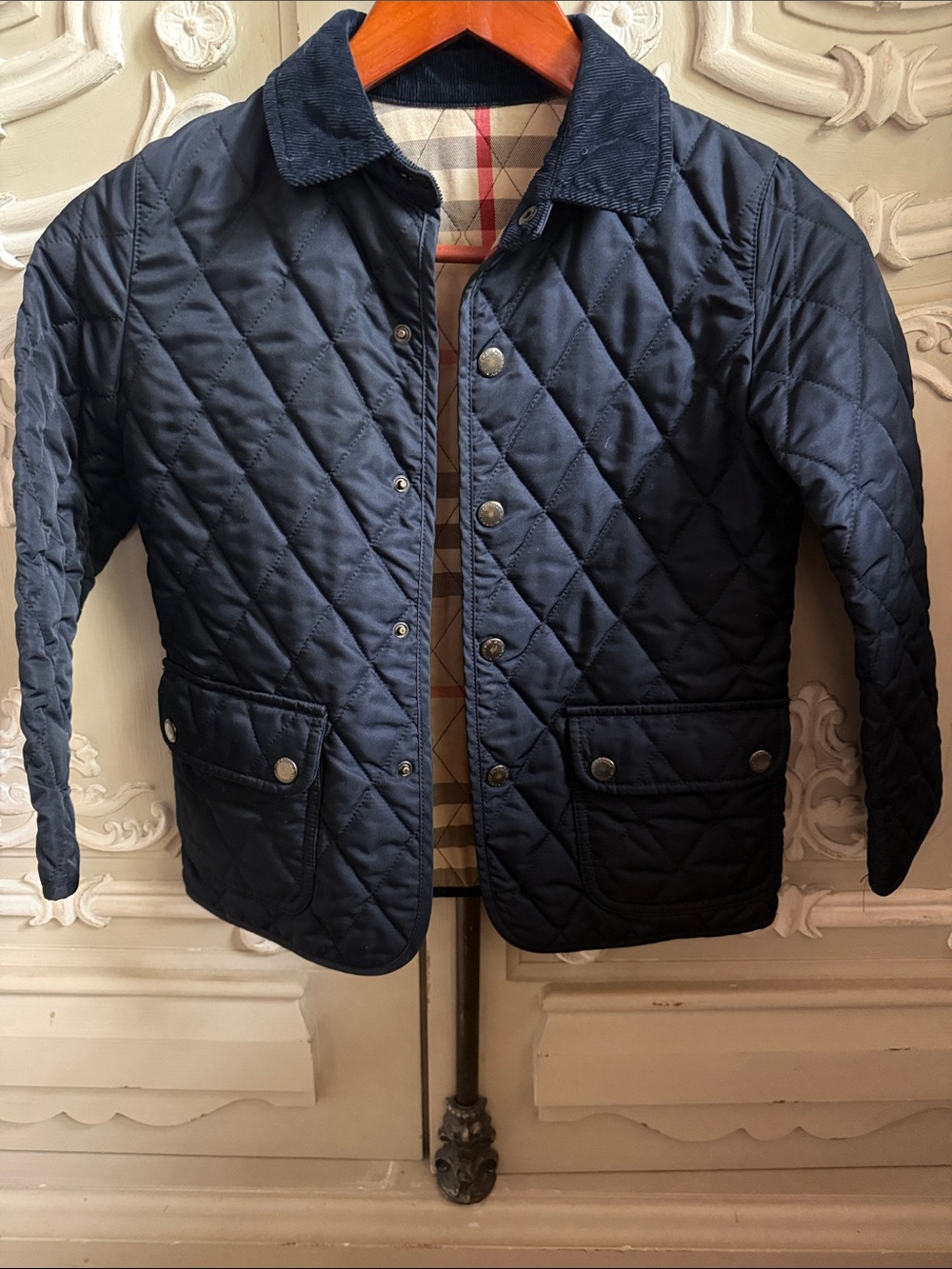 Burberry Navy Quilted Lightweight Jacket with Corduroy Collar
